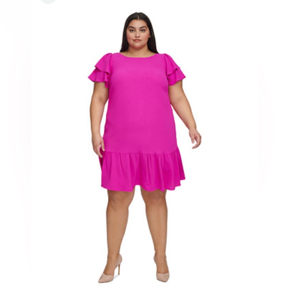 DKNY NWT Size 18W‎ Hot Pink Ruffle Sleeve Flounce Hem Shift Dress